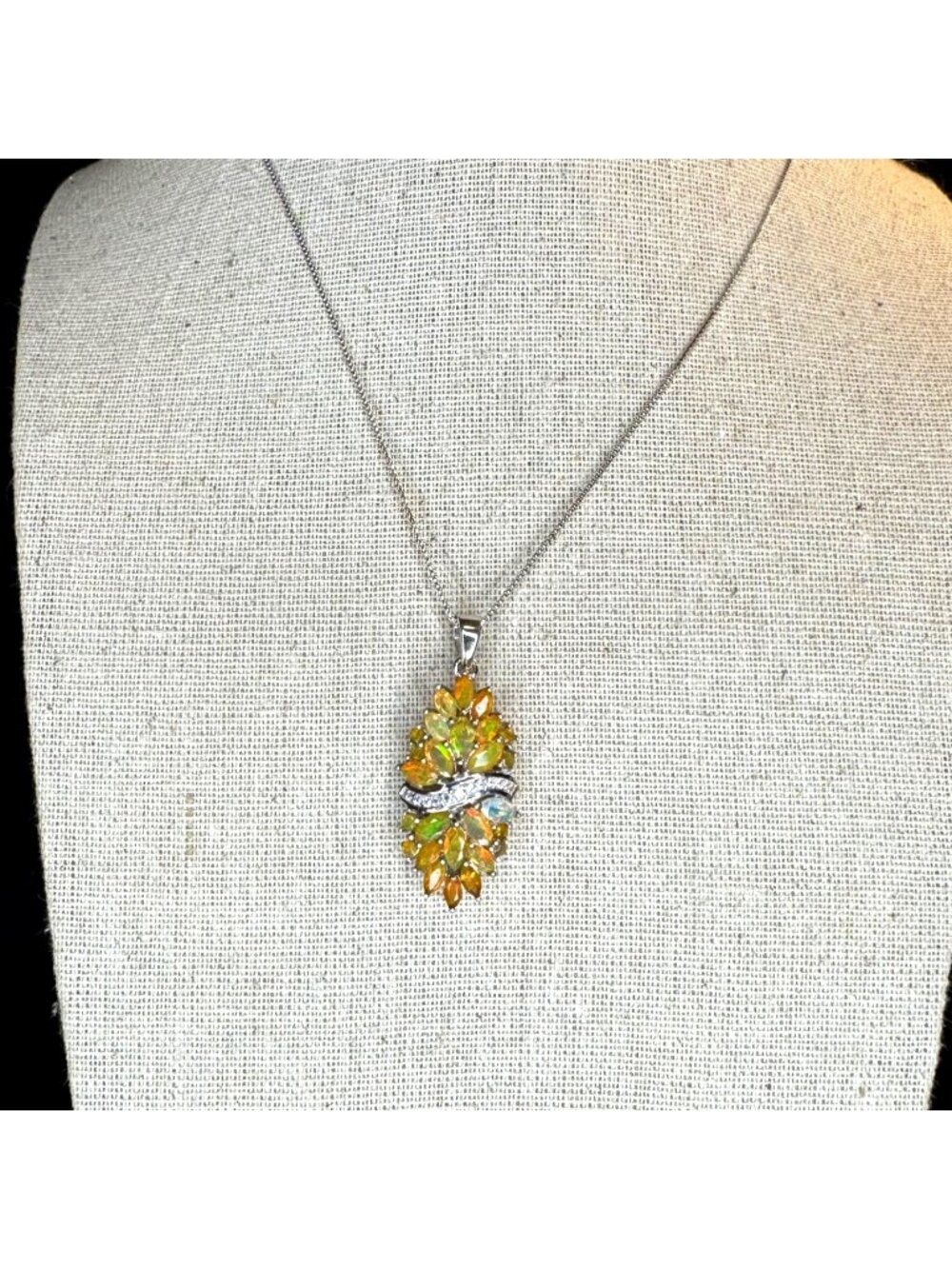 VTG Sterling Silver 925 Fire Opal & CZ Pendant Necklace Size 18" Adjustable